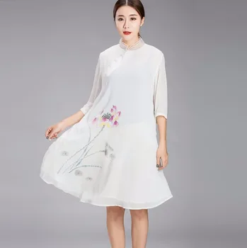 New2017Female Tradicinės Kinų Stiliaus Lotus Ranka-dažytos suknelė Vasaros šifono Suknelė stovėti apykaklės plus size vestidos 4XL XXXXXL