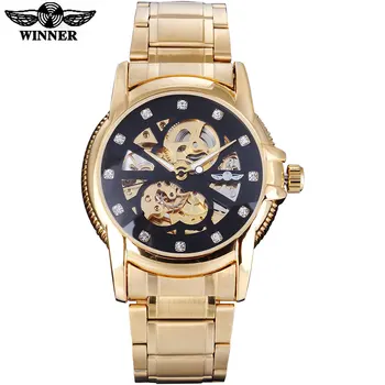NUGALĖTOJAS populiarus mados prekės ženklo vyrai mechaniniai laikrodžiai prabanga kalnų krištolas atsitiktinis aukso skeletas laikrodžius plieno juosta reloj hombre