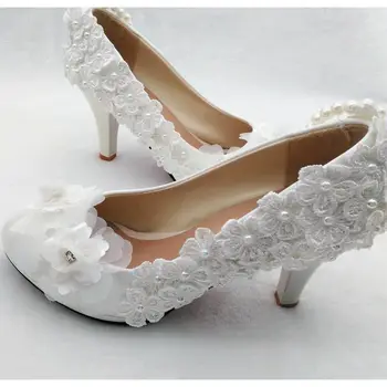 Nėrinių gėlių vestuvių batai moterims, rankų darbo aukšti kulniukai mergina šalies prom siurbliai, bateliai, vestuviniai bridesmaid balta gėlė batai