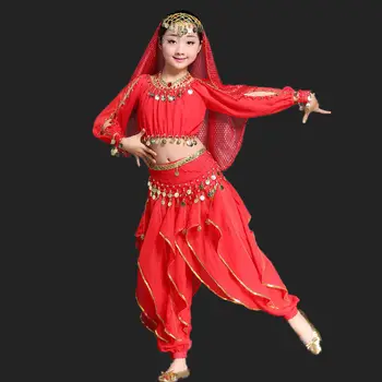 Pilvo Šokio Indijos Kostiumas Vaikams Rinkinys 5 dalių (Viršuje, Diržas, Kelnės, Vinjetė ir Atlankos) Bollywood Dance Mergaičių Kostiumai