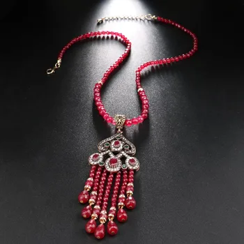 Prabangių Senovinių Ilgai Kutas Pakabukas Karoliai Moterims, Antikos Aukso Spalva Turkijos Red Crystal Megztinis Indijos Bijoux