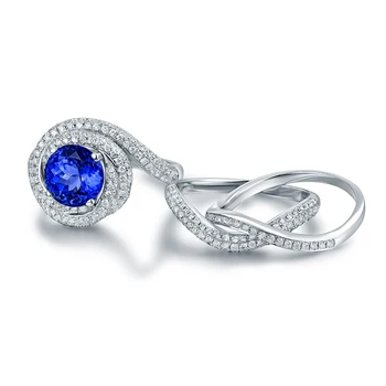 Romantiška Nekilnojamojo 14 KARATŲ Balto Aukso Gamtos Mėlynas Apvalus Tanzanite Nustatyti Žiedai Nuostabiu Diamond 2 Rungtynės Grupė Moterų Fine Jewelry