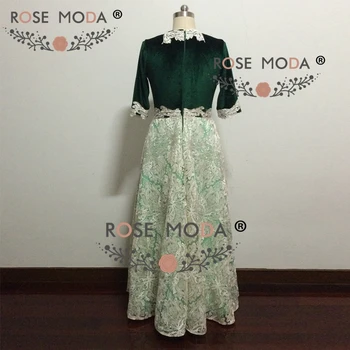 Rose Moda Green Lace Promenadzie Suknelė Aukštu Kaklu Nedidelė arabų Šalis Suknelė su Puse Rankovėmis Plius Dydis 2018