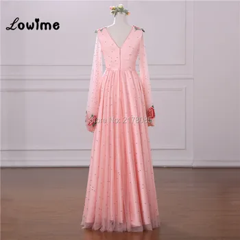 Rožinės Spalvos Gėlių Siuvinėjimas Vakarinę Suknelę V-Kaklo, Ilgomis Rankovėmis Prom Dresses 2018 Užsakymą Linija Moterims Arabų Šalis Oficialų Suknelė