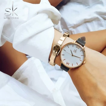 Shengke Prekės Ženklo Žiūrėti Moterų Oda Laikrodžiai Moterims Suknelė Laikrodžiai Atsitiktinis Kvarco Žiūrėti Gold Dial Laikrodis 3 Spalvos Montre Femme