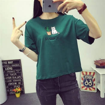 Vasarą moterys marškinėliai moterims korėjos stiliaus žalios kačių kaktusas siuvinėjimo vientisos spalvos viršūnes tees camiseta feminina trumpomis rankovėmis t-shirt
