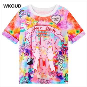 WKOUD Vasaros Stilius Spausdinti marškinėliai Moterų Harajuku trumpomis Rankovėmis T shirts Naujas Mados Laisvi O-kaklo Viršūnes T1630