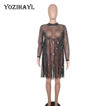 Yozihayl Moterų Sexy Gėlių Siuvinėjimo Nėrinių Suknelė Ilgomis Rankovėmis Matyti Per Vielos Tinklo Marškinėliai Suknelė Ponios Skaidrų Šalies Klubas Suknelė