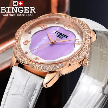 Šveicarija Binger Moterų laikrodžiai mados prabangūs Laikrodžiai odinis dirželis kvarcas gėlių diamond laikrodis B3028-3