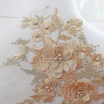 1PC 3D Aukso Zawalcowany Perlai Nėrinių Prabanga Tiulio Nėrinių Aplikacijos Gėlių Išskirtinį Vestuvių Suknelė Išaugo Nuotakos Šydu Priedai Apdaila 
