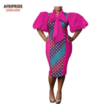 2018 m. afrikos spausdinti pavasario suknelė moterims AFRIPRIDE lankas kaklo pusės žibinto rankovės kelio ilgis atsitiktinis moterų medvilnės suknelė A1825018