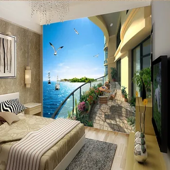 3D balkonas su vaizdu į jūrą Žuvėdra kambario tapetai kraštovaizdžio kambarį miegamojo, biuro fone sienų tapetai ant sienos