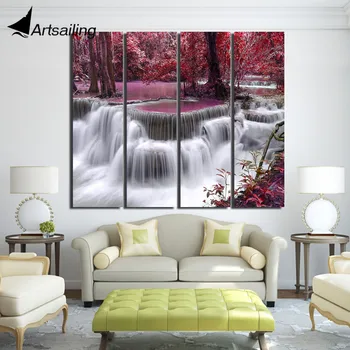 4 gabalas, drobė meno HD spausdinti krioklys raudona lapų fonai sienos nuotraukas kambarį drobės tapybos Nemokamas pristatymas/iki-1407D
