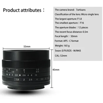7artisans 50mm f1.8 Large Aperture Portrait Manual Focus Micro Camera Lens Fit for Canon eos-m Mount E-Mount Fuji FX-Amount