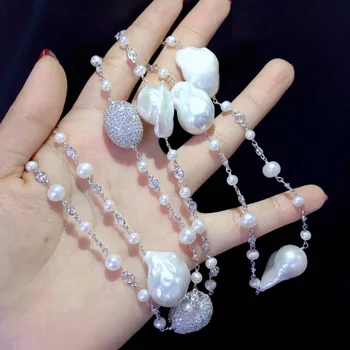 Baroko gamtos ilgai gėlo vandens perlų vėrinį baltos spalvos, kelių spalvų 36 colių 925 sterlingas sidabro su kubinis cirkonis mados