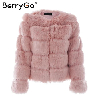 BerryGo Purus dirbtiniais kailių paltai moterims Trumpas furry padirbtų kailių žiemos viršutinių drabužių siuvimas rožinės spalvos paltas iki 2017 m. rudenį atsitiktinis šalies paltas moteriška