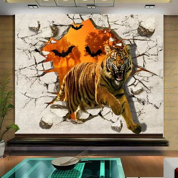 Didelis Custom Sienos Freskos neaustinių Tapetai, Sienų Tapyba Tigras Skaldyti Sienos 3D Kūrybos svetainė, TV Foną, Foto tapetų