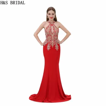 H&S BRIDAL Undinė vakarinę Suknelę Raudonos spalvos Šifono Apynasrio Vakare Gown karinio jūrų Laivyno Nėrinių Aplikacijos Puošnios vakarinės suknelės ilgai vestido de festa