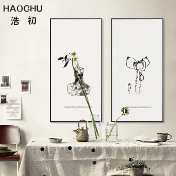 HAOCHU Black White Willow Leaves Lotus Pond Classic Chinese Painting Abstract Landscape Wall Pictures for Living Room Decor