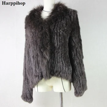 Harppihop triušio kailio Originali Megzti paltai Moterims Meškėnas Kailių apykaklės Striukė Tranšėjos Outwear mados gatvė šalis jacketC918