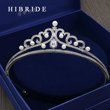 HIBRIDE bižuterijos White Crystal Bridal Crown Aišku, kalnų krištolas Pearl Diadem Nuotakos Plaukų Aksesuarai HC00011