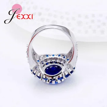 JEXXI 925 Sterlingas Sidabro Vintage Blue Crystal Žiedai Moterims Vestuves Aksesuaras Didelis Gėlių Jubiliejų Anillos Moteris