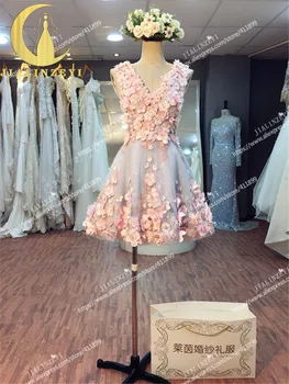 JIALINZEYI Nekilnojamojo Bandinio Vaizdas Gražus V-Kaklo Rožinės Gėlės Skiedra Satino Mini Ilgis Šalis suknelė Prom Dresses 2017