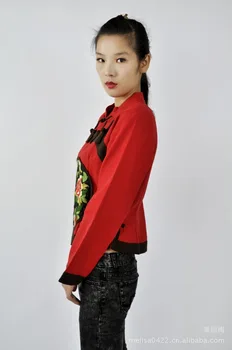 Kinijos Rudens stiliaus Moteris Trumpi Švarkai Atsitiktinis Slim gryno lino dvigubo sluoksnio siuvinėjimo Kailio paltas apvalkalo išorinis drabužis