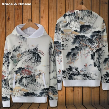 Kinų stiliaus rašalo peizažas kūrybos spausdinimas mados puloveris hoodies Naują atvykimo aukščiausios kokybės negabaritinių megztiniai vyrams