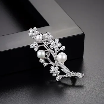 LUOTEEMI Moterų Sidabro tono Kubinis Cirkonis Balta Imituojamas Crystal Pearl Nuotakos Gėlių Segė Už Nuotakos Vestuvių Dovana, Papuošalai