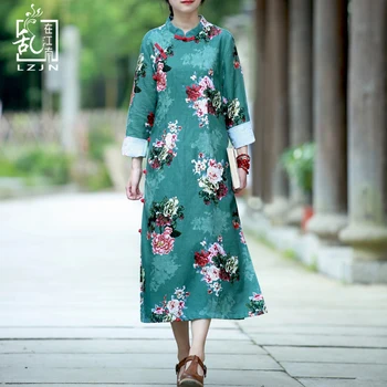 LZJN 2018 m. Pavasario Moterims Gėlių Suknelė ilgomis Rankovėmis Qipao Vidurio Blauzdos Ilgis Modifikuotų Kinijos Cheongsam Suknelės Vintage Drabužius Femme 1850