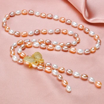 Mados Ilgą Perlų Vėrinį tikrai Natūralių Gėlavandenių Perlų Drugelis Perlų Papuošalai Moterims, 925 sterlingas sidabro Karoliai Dovana