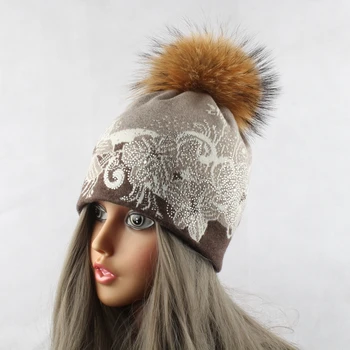 Mink Meškėnas Kailių Pompom Kamuolys Kepuraitė Skrybėlės Moterims Rusijos Kailio Kepurė Mezgimo Nėrimo Gėlių Skrybėlę Su Deimantu