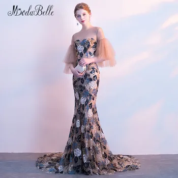 Modabelle Gėlės Undinė Keltas Suknelės Su Rankovėmis 2018 Vestidos Longos Formatura Matyti Per Gėlių Elegantiškas Vakare Gown