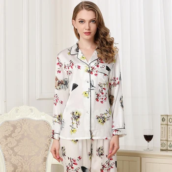 Moterų šilko pajama nustatyti 2018 springWomen Šilko Sleepwear ilgomis Rankovėmis 2 Gabalas Rinkinių, Šilko Pajama Gėlių spausdinti Lady Pižama