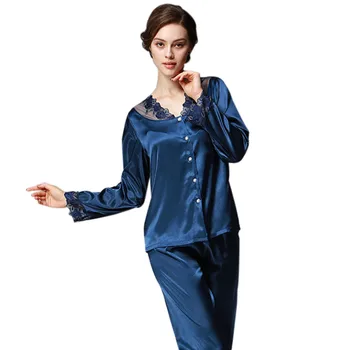 Moterų Šilko Pižama Rinkiniai Pavasarį, Vasarą, Rudenį Moterų Nėriniai Siuvinėto Satino Pižamos Ilgomis Rankovėmis Sleepwear Loungewear