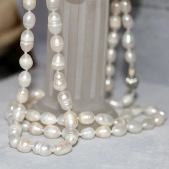 Natūralūs baltos spalvos gėlavandenių perlų 9-10mm barelį ryžių ilgos grandinės karoliai moterų aukščiausios kokybės vestuvėms šaliai, papuošalai 36inch B2918