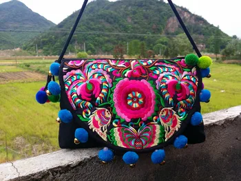 Original embroidered women handbag Naxi.Hani brand canvas handmade pompoms shoulder bag vintage travel crossbody bags