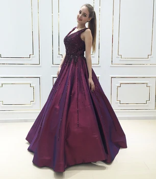 Prabanga Prom Dress, Uždusęs 2018 Naujas V Kaklo Kristalų Duobute Violetinė Moterų Arabų Ilgai Vakare Gown Oficialų Šalis Suknelė Abendkleider