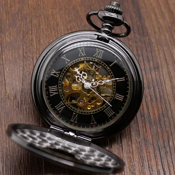 Prabanga Tuščiaviduriai Speleo Kišenėje Žiūrėti Nustatyti Vintage Black Pilnas Medžiotojas Dizainas Mechaninis Laikrodis Karoliai Pakabukas Laikrodis Dovanų Maišelį, Dėžutę