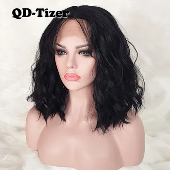QD-Tizer BOB Perukai Trumpi Plaukai Banguoti, Sintetiniai Perukai, Nėrinių Priekio Perukai Juodos Spalvos Sintetinio Nėrinių Perukai Su Kūdikio Plaukų Moterims