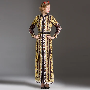 Rudenį spausdinti mados kilimo ir tūpimo tako Maxi suknelė Aukštos kokybės naujas moterys ilgomis rankovėmis Leopard 