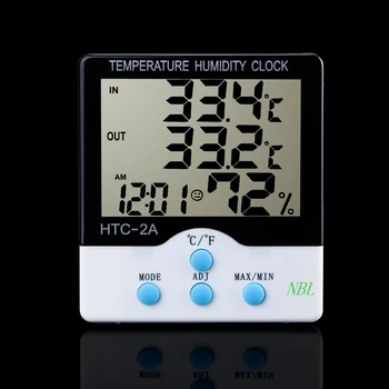Skaitmeninis LCD Patalpų Lauko Termometras su Drėgmėmačiu Temperatūros Drėgmės Matuoklis Su Laikrodis, Termometras Testeris 10vnt/daug HTC-2A
