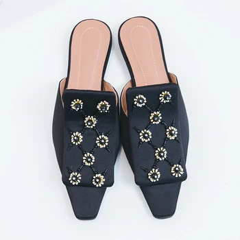 Stylesowner juoda satino baotou moterų šlepetės kristalų puošnios gėlės aikštėje kojų ne laisvalaikio bateliai paslysti ant ponios mulų batai