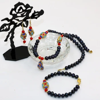 Unikalaus dizaino, 7-8mm gamtos juodos spalvos gėlavandenių perlų karoliukai, karoliai, auskarai, apyrankės, aukso spalvos cloisonne 