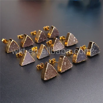 WT-E270 pardavimo 10mm druzy smeigės papuošalai, aukso apdaila, trikampio formos, druzy akmens smeigės ,stilingas šalis vestuvių smeigės