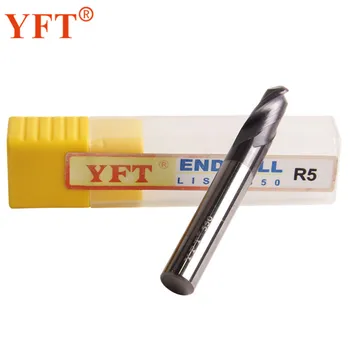 YFT Karbido Ball Pabaigos Mills Spindulys 5mm, 2-peilis HRC 55 Laipsniai Volframo Karbido frezos Maršrutizatorius Tiek CNC Tools
