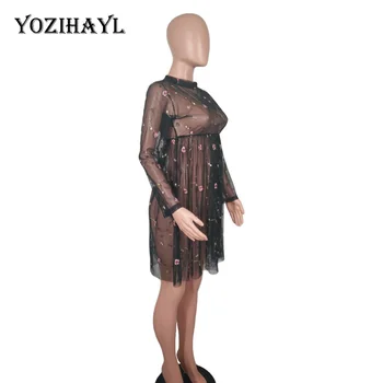 Yozihayl Moterų Sexy Gėlių Siuvinėjimo Nėrinių Suknelė Ilgomis Rankovėmis Matyti Per Vielos Tinklo Marškinėliai Suknelė Ponios Skaidrų Šalies Klubas Suknelė