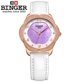 Šveicarija Binger Moterų laikrodžiai mados prabangūs Laikrodžiai odinis dirželis kvarcas gėlių diamond laikrodis B3028-3