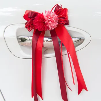 2017 NAUJĄ šilko gėlių+kaspinas bowknot automobilių vestuvių apdaila galinio vaizdo veidrodis rutulio formos rankena papuošti vestuvių metines
